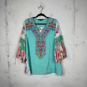 Calessa Embroidered Floral Tunic Bell Tiered Sleeve 2X